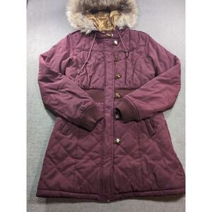 Rocawear Classic Womens Hooded M Coat Jacket Burgundy Branded Buttons Zipper Fur